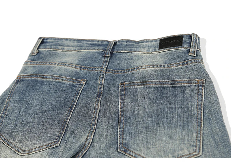 high street fashion destroyed jeans mens knee hole patchwork plaid ripped slim biker jeans new hip hop zipper pants joggers unique joggers style 4223