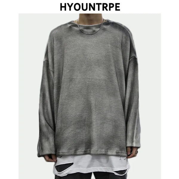 high street vintage wash sweater men loose knitted pullovers long sleeve hip hop oversize sweaters autumn casual jumper knitwear aesthetic street look hoodie, oversized graphic print design, Y2K vintage urban hoodie