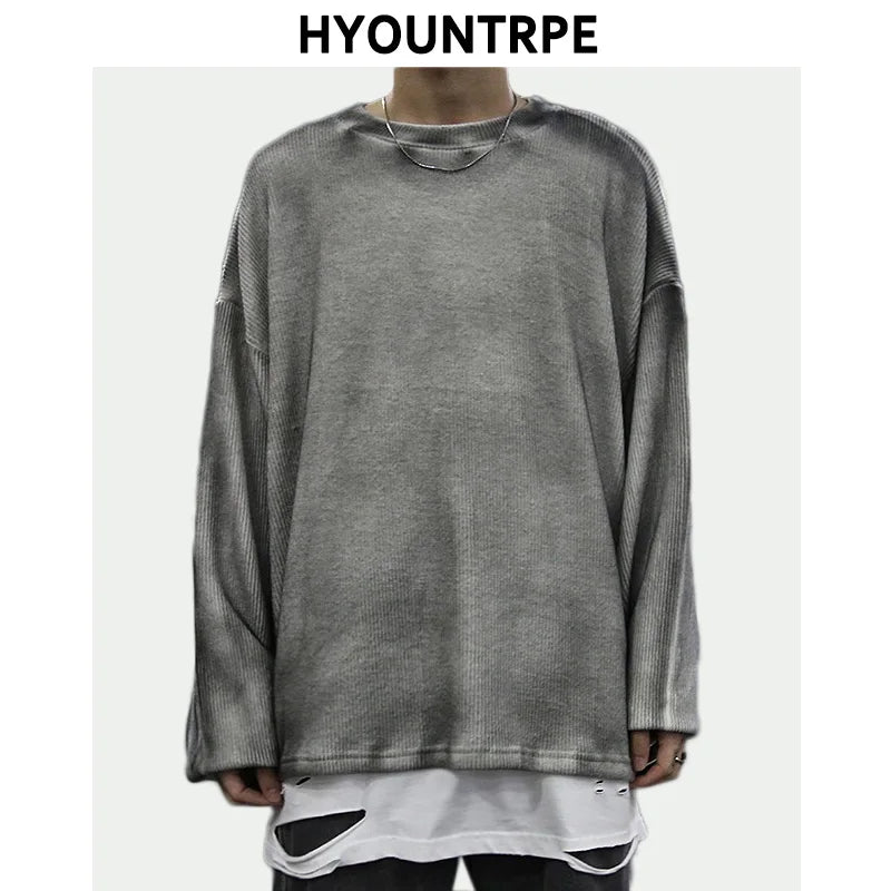 high street vintage wash sweater men loose knitted pullovers long sleeve hip hop oversize sweaters autumn casual jumper knitwear aesthetic street look hoodie, oversized graphic print design, Y2K vintage urban hoodie