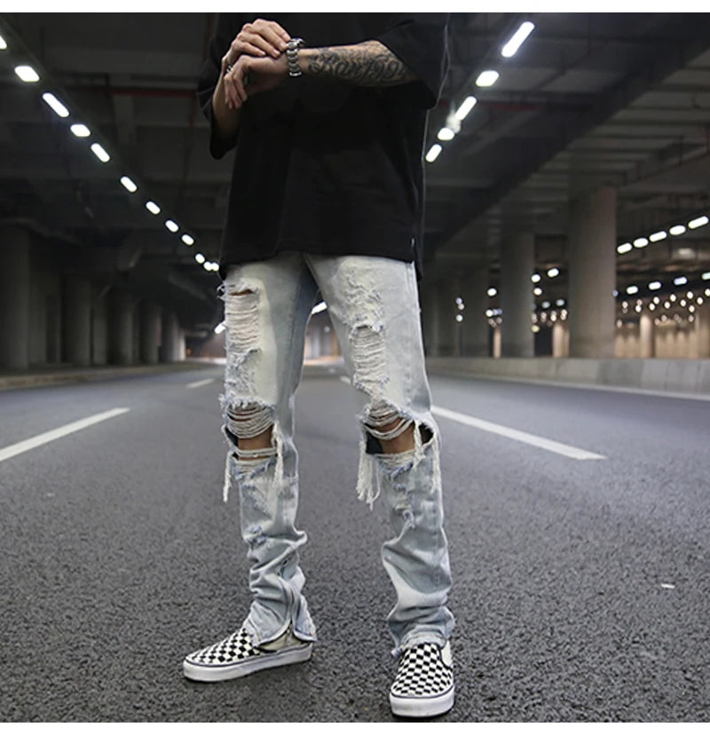 bottom zipper knee holes denim jeans destroyed ripped slim mens biker jeans new men fashion streetwear hip hop pants joggers unique joggers style 3398