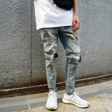 fashion designed slim fit ripped biker jeans hi street mens distressed denim joggers knee holes washed destroyed jeans men pants unique joggers style 1680