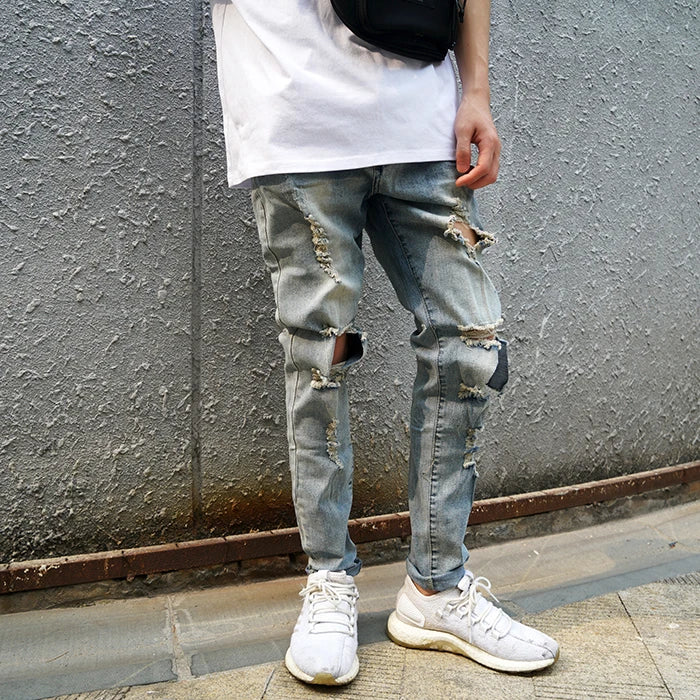 fashion designed slim fit ripped biker jeans hi street mens distressed denim joggers knee holes washed destroyed jeans men pants unique joggers style 1680