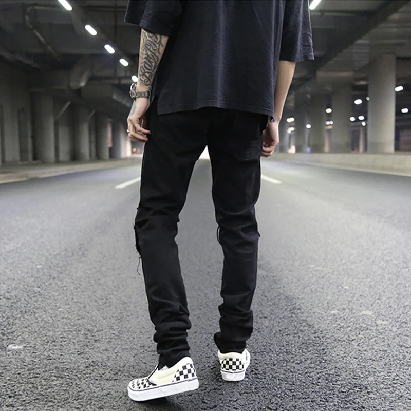 knee hole destroyed jeans patchwork plaid patch ripped slim mens biker jeans fashion streetwear hip hop zipper pants jogger urban active pants