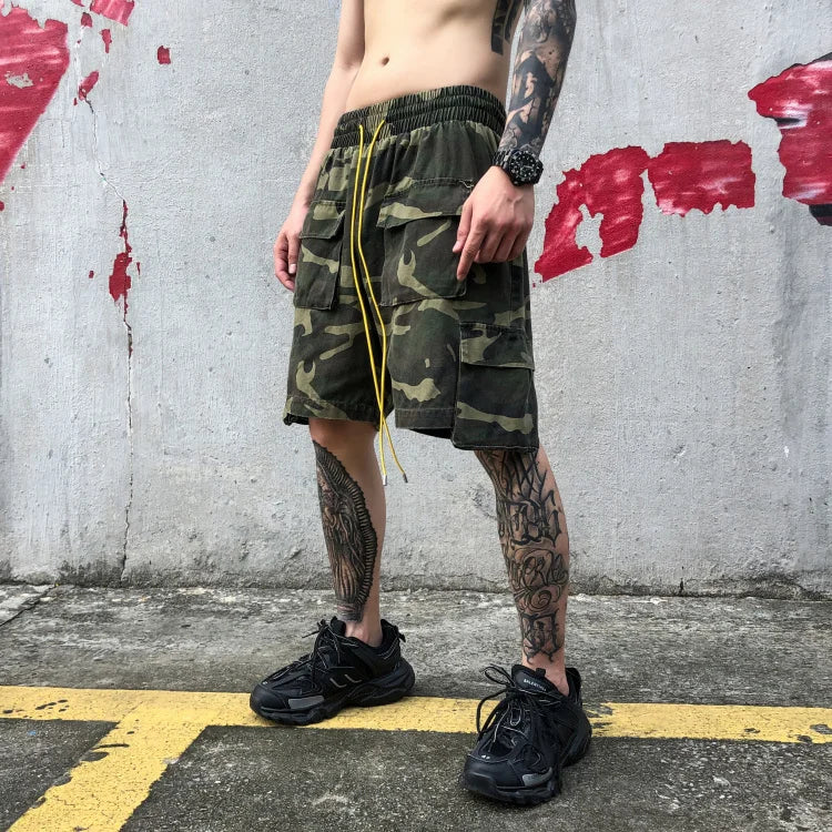 mens camouflage hip hop shorts stitching pockets cargo shorts casual elastic waist drawstring sportswear streetwear short pants unique cargo style 1888