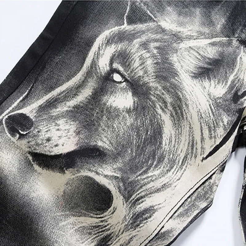 mens fashion wolf printed denim jeans new spring summer slim black painted straight pants cool streetwear male long trousers unique jeans style 451
