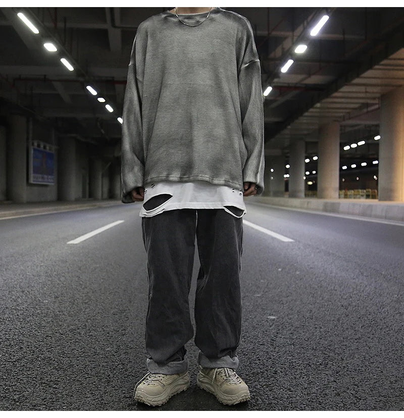 high street vintage wash sweater men loose knitted pullovers long sleeve hip hop oversize sweaters autumn casual jumper knitwear high quality cotton pullover, urban wear with bold artwork, Y2K vintage urban hoodie