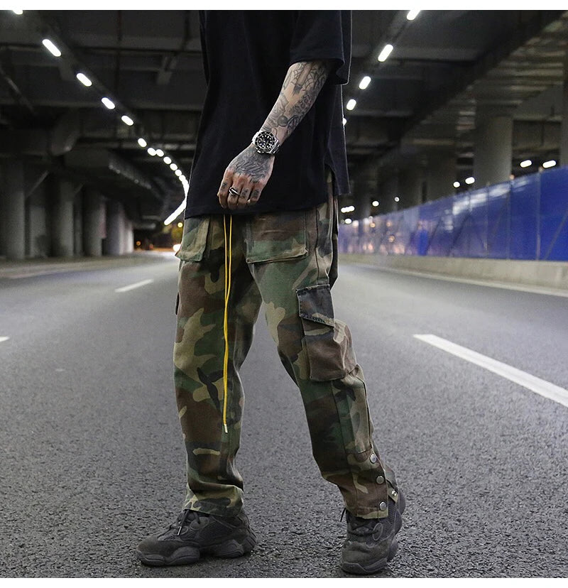 mens camouflage hip hop pants bottom button pockets cargo trousers fashion elastic waist drawstring sportswear streetwear jogger unique joggers style 3434