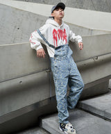 hip hop denim suspender trousers 2019 spring mens new fashion embroidery denim jeans jumpsuit loose straight casual pants unique jeans style 880