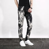 mens fashion wolf printed denim jeans new spring summer slim black painted straight pants cool streetwear male long trousers unique jeans style 457
