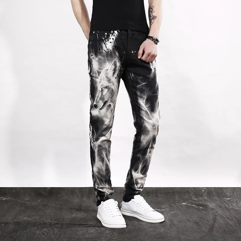 mens fashion wolf printed denim jeans new spring summer slim black painted straight pants cool streetwear male long trousers unique jeans style 457