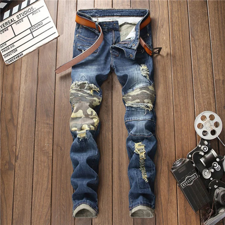 mens knee pleated ripped denim jeans fashion patchwork camouflage retro blue motorcycle trousers hiphop streetwear biker pants unique jeans style 1055