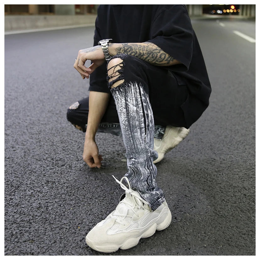 bottom graffiti printed zipper denim jeans mens ripped knee hole biker jean motorcycle slim trousers streetwear hip hop pants unique jeans style 2709