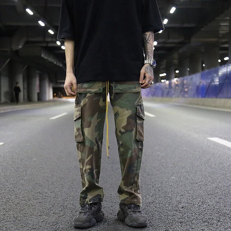 mens camouflage hip hop pants bottom button pockets cargo trousers fashion elastic waist drawstring sportswear streetwear jogger urban active pants