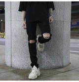 high street knee hole ripped biker jeans men slim fit elastic denim pants autumn new casual black stretch hip hop pants jogger unique joggers style 1735