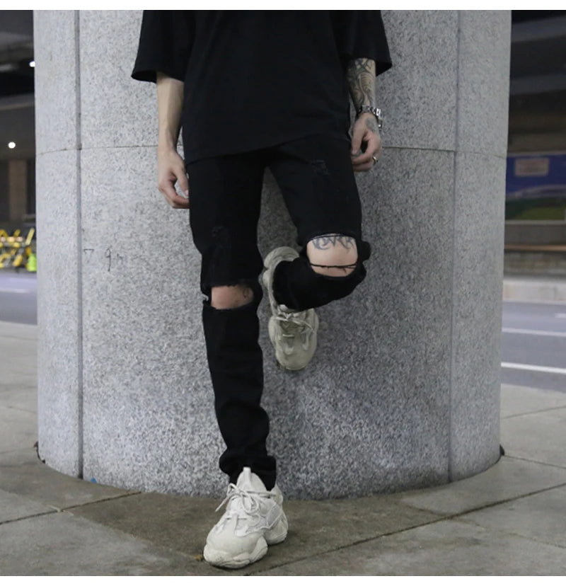 high street knee hole ripped biker jeans men slim fit elastic denim pants autumn new casual black stretch hip hop pants jogger unique joggers style 1735
