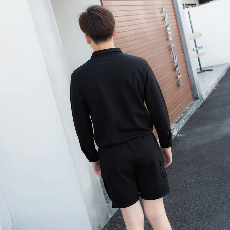 fashion zipper men rompers new summer long sleeve drawstring jumpsuit cargo pockets tops trousers black one piece suits overalls unique cargo style 3322