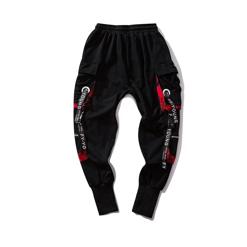 hip hop ribbons cargo pants men joggers pants streetwear men 2023 fashion mens elastic waist pant ribbons cotton black hw203 unique joggers style 2420