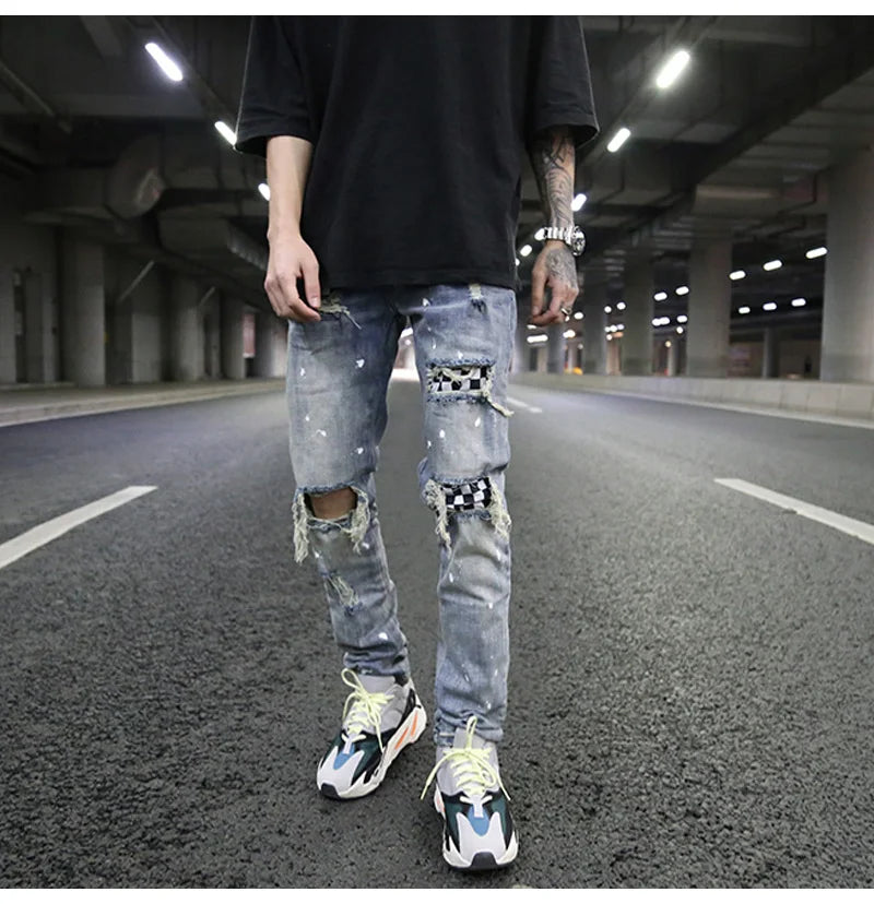 high street fashion destroyed jeans mens knee hole patchwork plaid ripped slim biker jeans new hip hop zipper pants joggers unique joggers style 4213