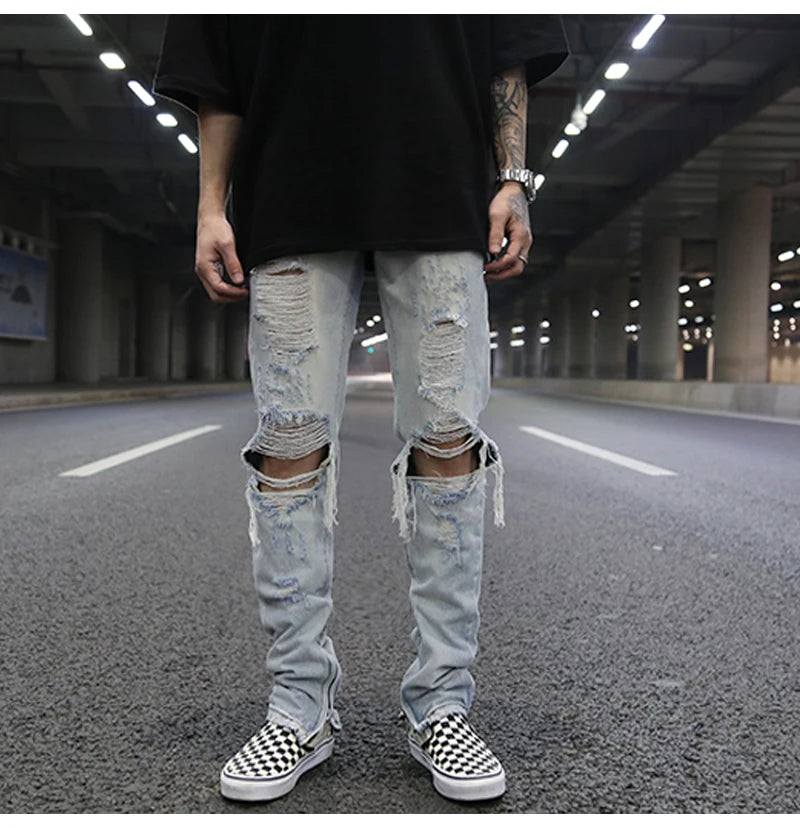 bottom zipper knee holes denim jeans destroyed ripped slim mens biker jeans new men fashion streetwear hip hop pants joggers unique joggers style 3394