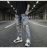 high street fashion destroyed jeans mens knee hole patchwork plaid ripped slim biker jeans new hip hop zipper pants joggers unique joggers style 4212