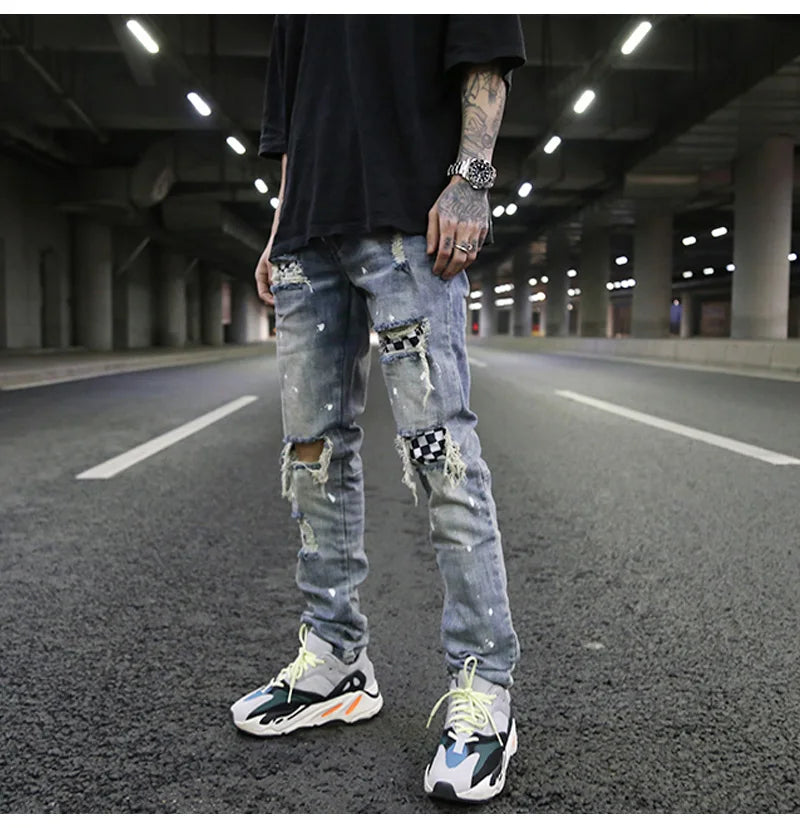 high street fashion destroyed jeans mens knee hole patchwork plaid ripped slim biker jeans new hip hop zipper pants joggers unique joggers style 4212