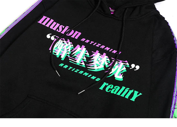 Men Hip Hop Hoodie Sweatshirt Drunk Illusion Chinese Character Hoodie Streetwear Casual Black Hooded Pullover Cotton Autumn 2023