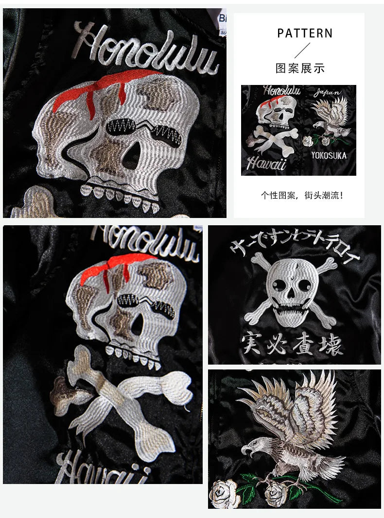 retro black embroidery jacket outwear men vintage skull floral mens jackets and coats japanese streetwear hip hop bomber nan  - variant style 03c941 for streetwear fashion