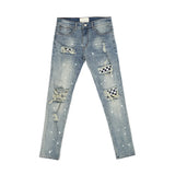 high street fashion destroyed jeans mens knee hole patchwork plaid ripped slim biker jeans new hip hop zipper pants joggers unique joggers style 4217
