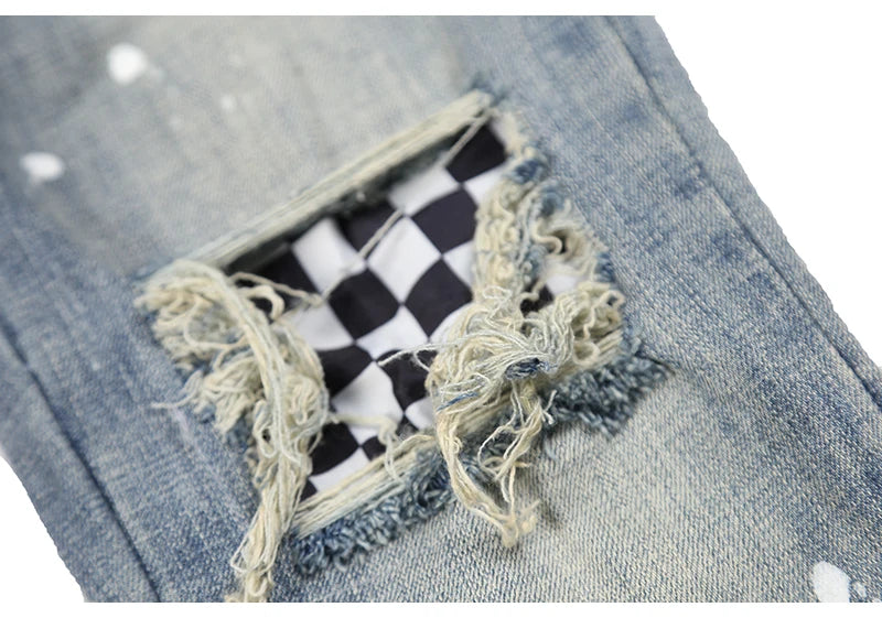 high street fashion destroyed jeans mens knee hole patchwork plaid ripped slim biker jeans new hip hop zipper pants joggers unique joggers style 4221