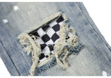 high street fashion destroyed jeans mens knee hole patchwork plaid ripped slim biker jeans new hip hop zipper pants joggers unique joggers style 4221