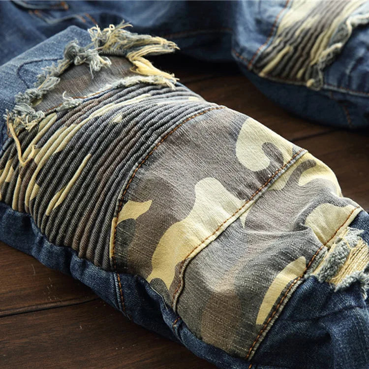 mens knee pleated ripped denim jeans fashion patchwork camouflage retro blue motorcycle trousers hiphop streetwear biker pants unique jeans style 1057