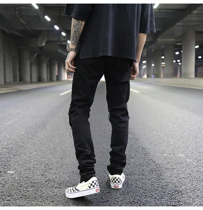 knee hole destroyed jeans patchwork plaid patch ripped slim mens biker jeans fashion streetwear hip hop zipper pants jogger unique joggers style 4239