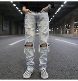 bottom zipper knee holes denim jeans destroyed ripped slim mens biker jeans new men fashion streetwear hip hop pants joggers unique joggers style 3396
