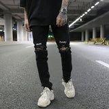embroidery knee ripped hole jeans for men hip hop skinny biker destroyed taped jeans slim fit black denim pants 2018 new jogger relaxed fit joggers