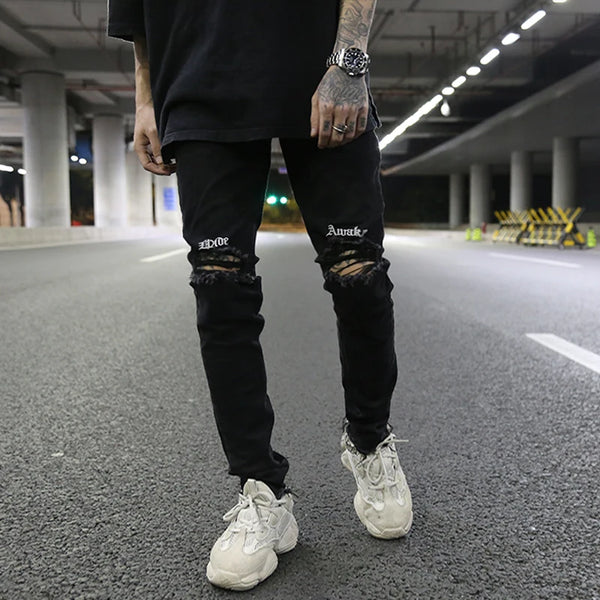 embroidery knee ripped hole jeans for men hip hop skinny biker destroyed taped jeans slim fit black denim pants 2018 new jogger relaxed fit joggers