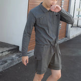 fashion zipper men rompers new summer long sleeve drawstring jumpsuit cargo pockets tops trousers black one piece suits overalls unique cargo style 3314