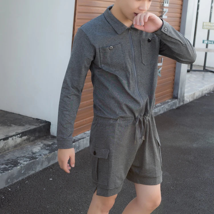 fashion zipper men rompers new summer long sleeve drawstring jumpsuit cargo pockets tops trousers black one piece suits overalls unique cargo style 3314