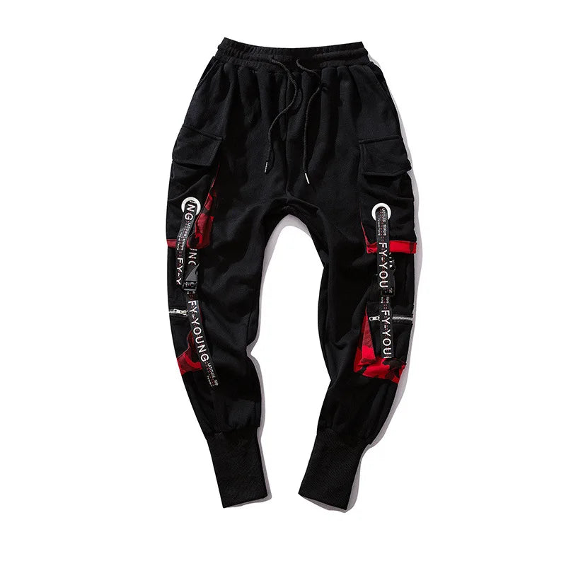 hip hop ribbons cargo pants men joggers pants streetwear men 2023 fashion mens elastic waist pant ribbons cotton black hw203 sporty tapered joggers