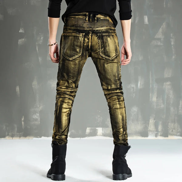 designer metal printed punk style jeans for men motorcycle vintage zipper hip hop coated pants 2018 new streetwear biker pants stacked flare jeans