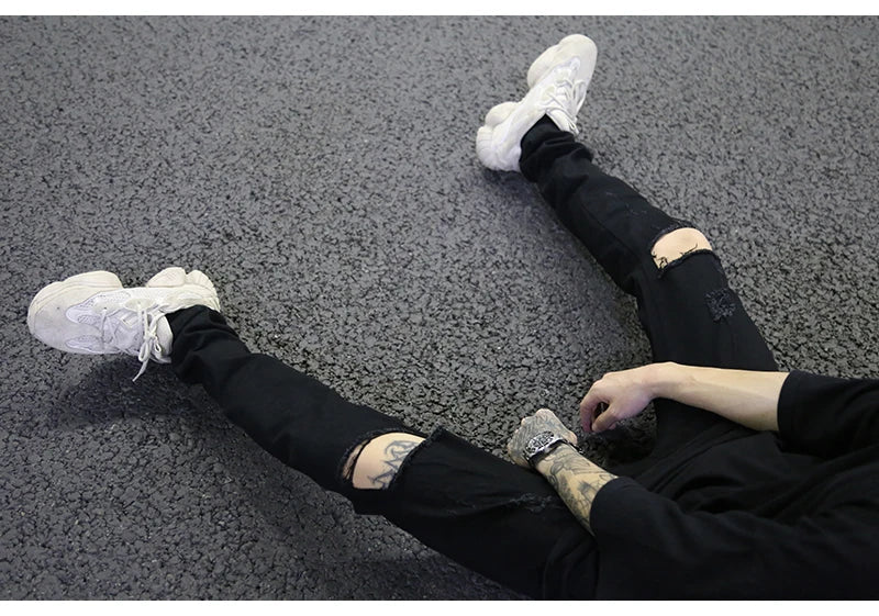 high street knee hole ripped biker jeans men slim fit elastic denim pants autumn new casual black stretch hip hop pants jogger unique joggers style 1742