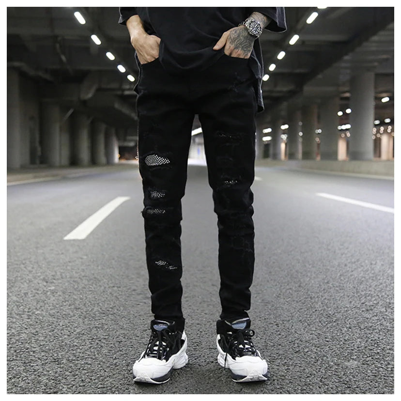 graffiti printed ripped destroied denim jean mens distressed biker jeans with sequins 2018 fashion high street slim pants jogger unique joggers style 3340