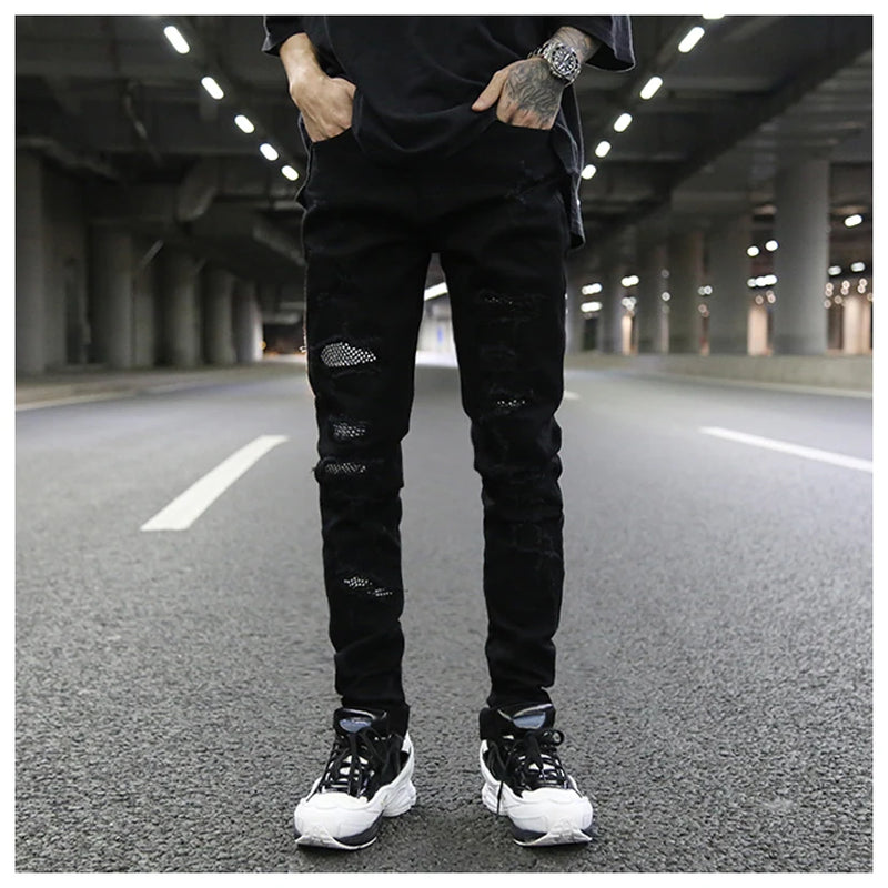 graffiti printed ripped destroied denim jean mens distressed biker jeans with sequins 2018 fashion high street slim pants jogger unique joggers style 3340