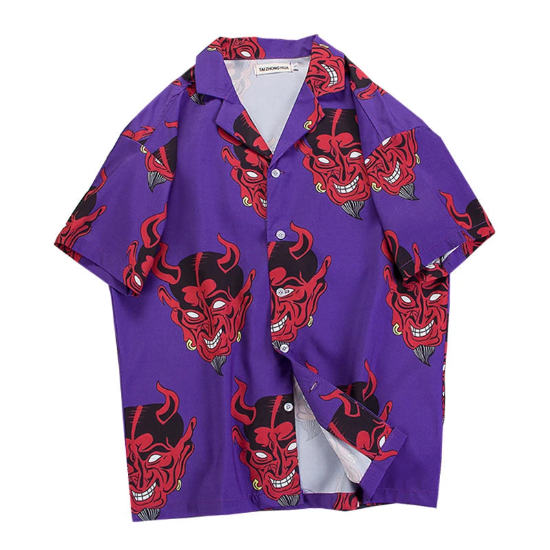 Devil Full Printing Turn-down Collar Casual Shirts High Street Pink /Purple