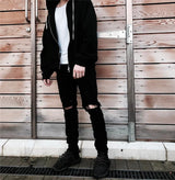 high street knee hole ripped biker jeans men slim fit elastic denim pants autumn new casual black stretch hip hop pants jogger relaxed fit joggers