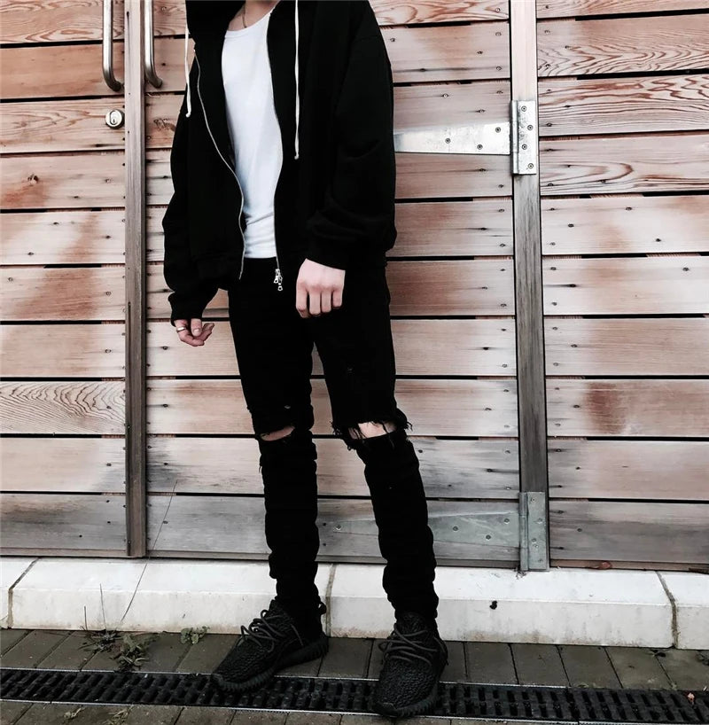 high street knee hole ripped biker jeans men slim fit elastic denim pants autumn new casual black stretch hip hop pants jogger relaxed fit joggers