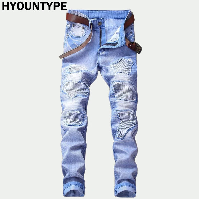 fashion ripped biker jeans denim distressed trousers slim fit zippers hip hop jeans motorcycle pants casual streetwear for men unique jeans style 1905