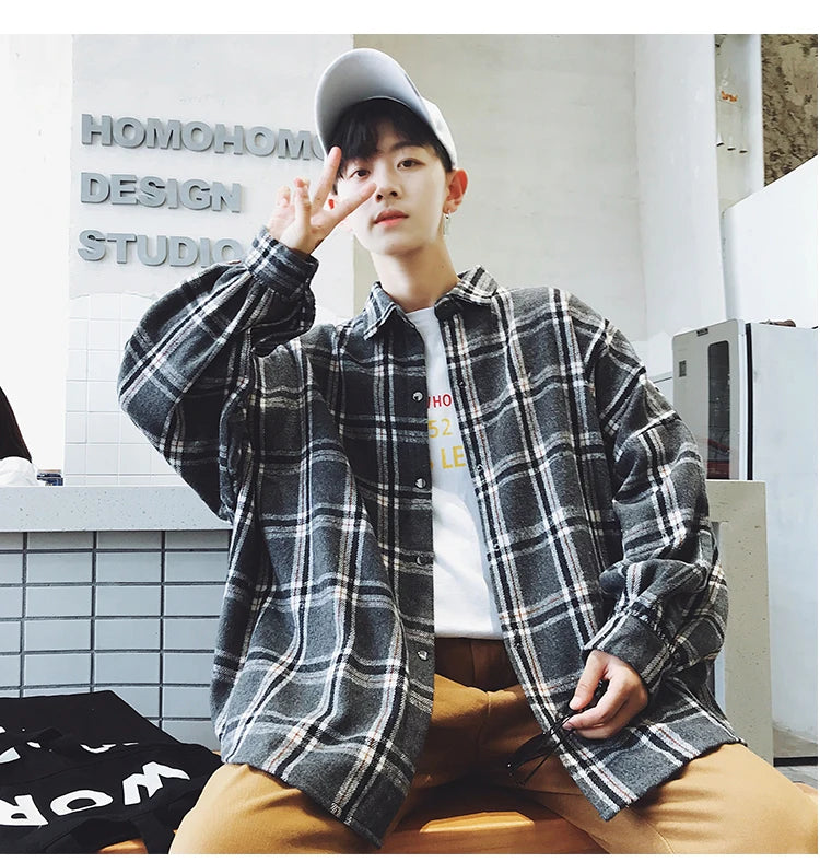 Y2k Harajuku Harajuku Plaid Shirt 2023 Man Streetwear Fleece Shirts Long Sleeve Mens Vintage Korean Fashions Clothes