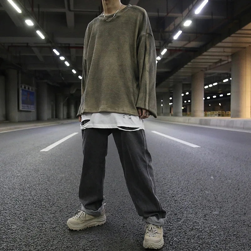 high street vintage wash sweater men loose knitted pullovers long sleeve hip hop oversize sweaters autumn casual jumper knitwear oversized graphic print design, high quality cotton pullover, Y2K vintage urban hoodie