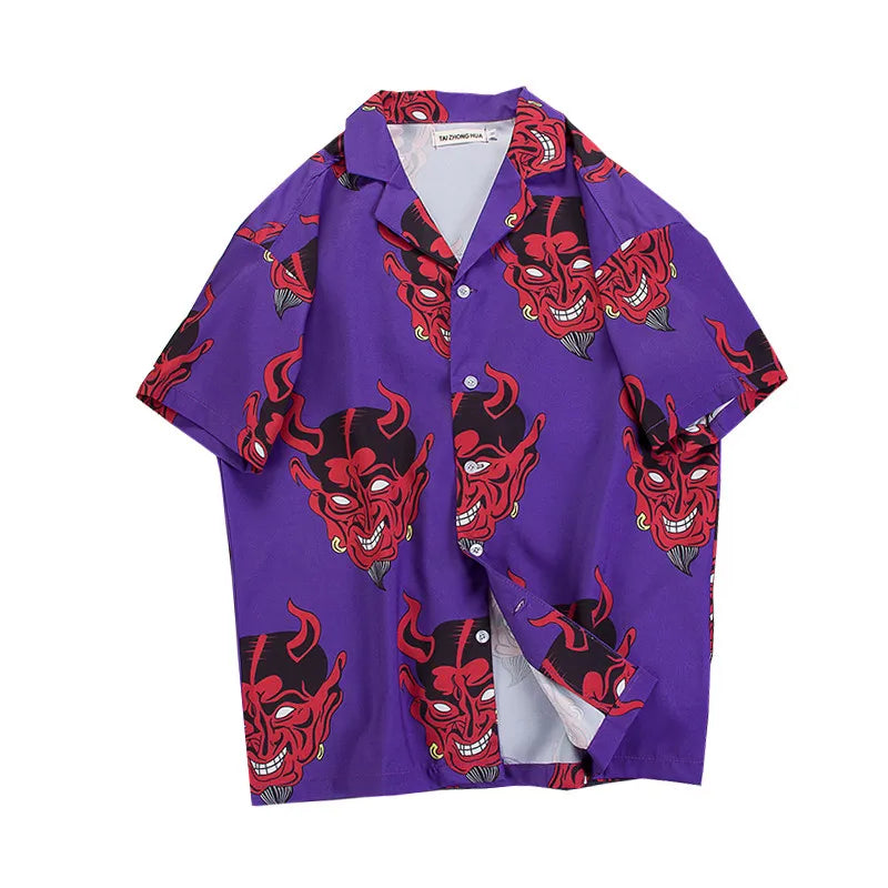 Devil Full Printing Turn-down Collar Casual Shirts High Street Pink /Purple