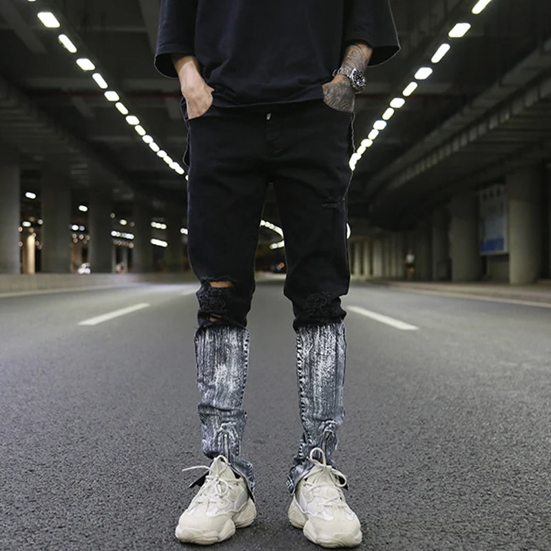 bottom graffiti printed zipper denim jeans mens ripped knee hole biker jean motorcycle slim trousers streetwear hip hop pants denim street jeans